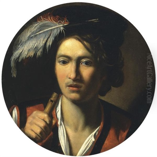 Portrait Of A Young Man, Bust Length, Holding A Flute And Wearing A Feather In His Hat Oil Painting by Nicolas Regnier