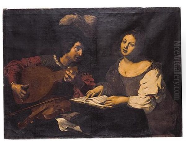 A Musician Playing A Lute To A Singing Girl Oil Painting by Nicolas Regnier