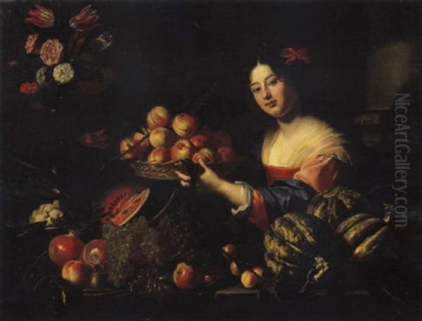 Giovane Donna Con Un Fiocco Rosse Nei Capelli Ed Un Canestro Di Pesche, Presso Un Vaso Di Fiori Oil Painting by Nicolas Regnier