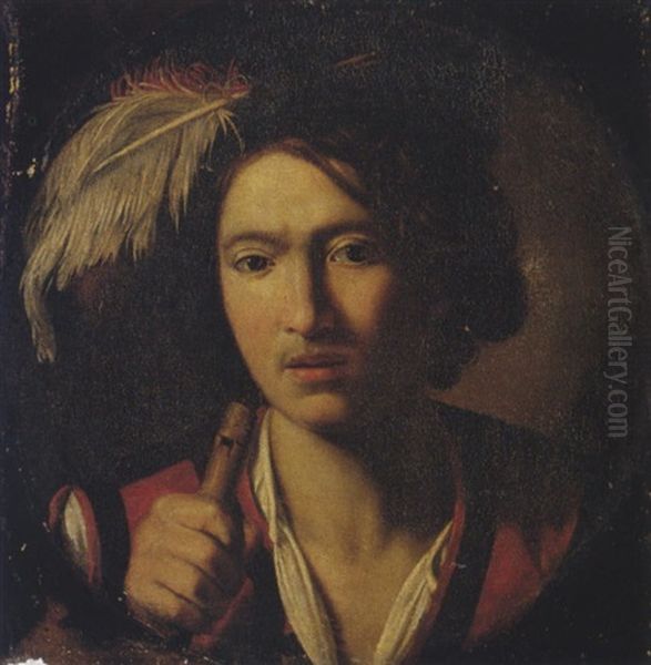 A Portrait Of A Young Man Wearing A Plumed Hat And Holding A Flute Oil Painting by Nicolas Regnier