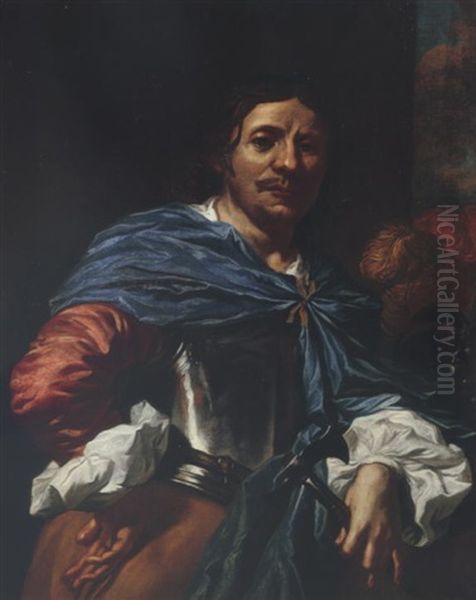 Portrait Of An Officer Holding An Axe In One Hand Oil Painting by Nicolas Regnier