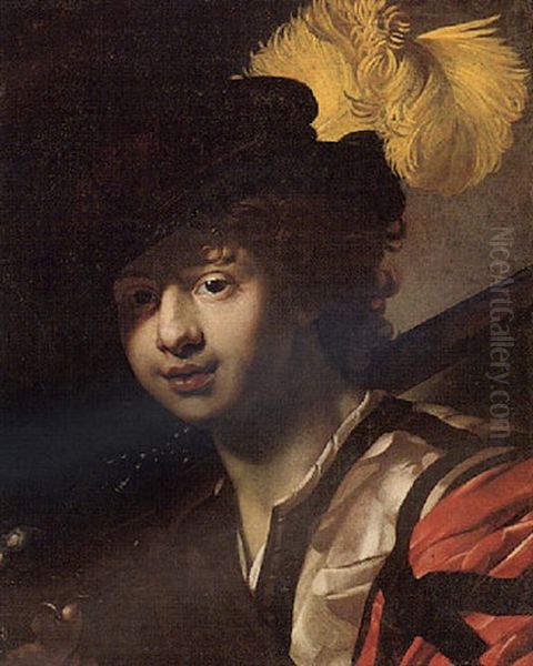 A Youth Wearing A Plumed Cap Oil Painting by Nicolas Regnier