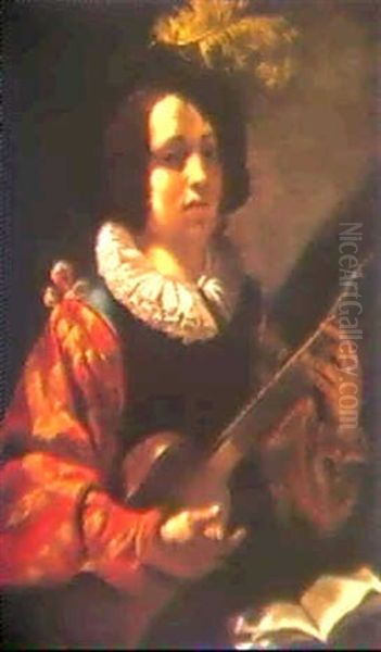 A Young Man Playing The Guitar Oil Painting by Nicolas Regnier