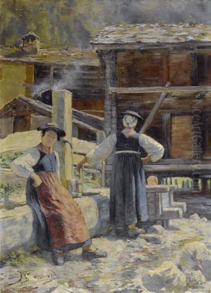 Peasants From Saviese In Front Of A Fountain Oil Painting by Julia Bonnard