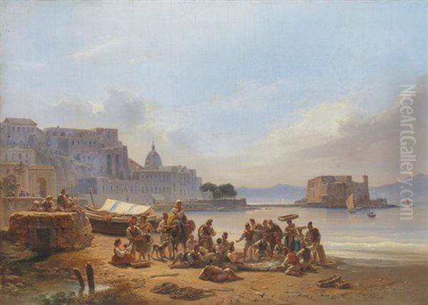 Ihren Fang Feilbietende Fischer Vor Neapel Mit Castel Dell'ovo Oil Painting by Alphee De Regny