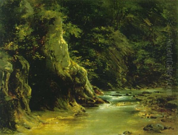 Landschaftsstudie Mit Bachlauf Im Wald Oil Painting by Alphee De Regny