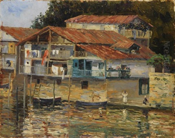 Casas Junto Al Rio, Pais Vasco Oil Painting by Dario de Regoyos