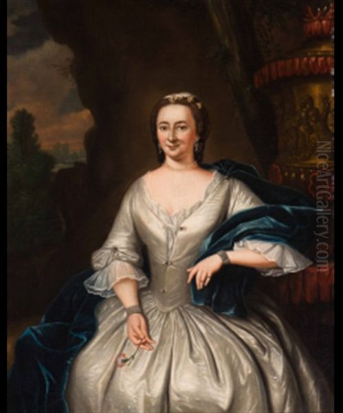 Portrait Of An Elegant Woman In A White Dress Wearing A Blue Stole And A Red Carnation In Her Hand Oil Painting by Tiebout Regters