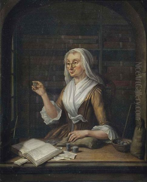 A Woman Counting Money In A Niche, An Archive In The Background Oil Painting by Tiebout Regters