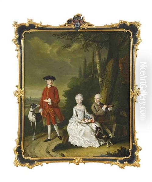 A Group Portrait Of Isaac Willensz Hooft, Daniel Willensz Hooft And Clare Hidegonda Hooft With A Spaniel And Lurcher In A Landscape Oil Painting by Tiebout Regters