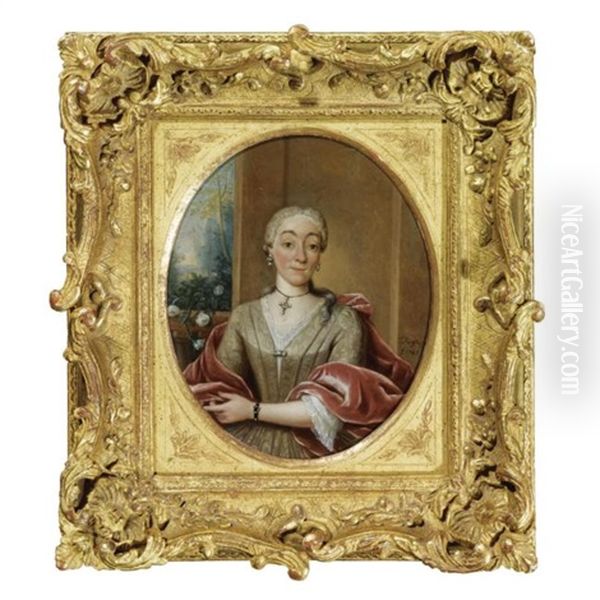 Portrait Of A Lady, Half Length, Wearing A Beige Dress And A Red Velvet Stole Oil Painting by Tiebout Regters