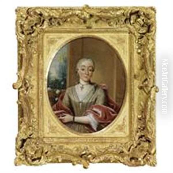 Portrait Of A Lady Wearing A Beige Dress And A Red Velvet Stole Oil Painting by Tiebout Regters