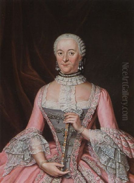 A Portrait Of A Lady Wearing An Embroidered Pink Satin Dress With Grey Bodice, Lace Cuffs And Collar Holding A Fan Oil Painting by Tiebout Regters