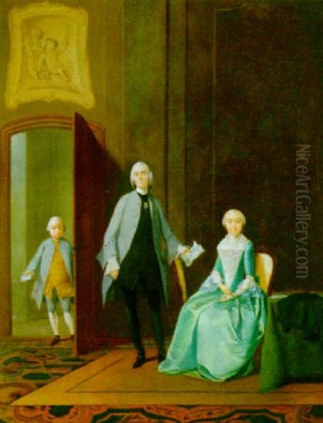 A Portrait Of A Family In An Elegant Interior Oil Painting by Tiebout Regters