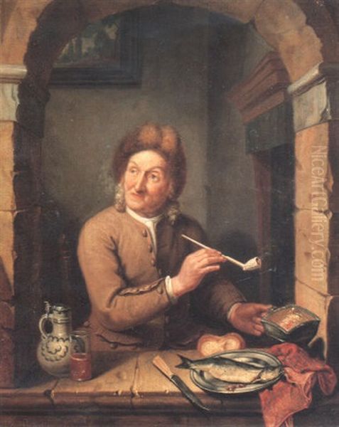 A Gentleman Seated At An Arched Window Smoking A Clay Pipe Oil Painting by Tiebout Regters