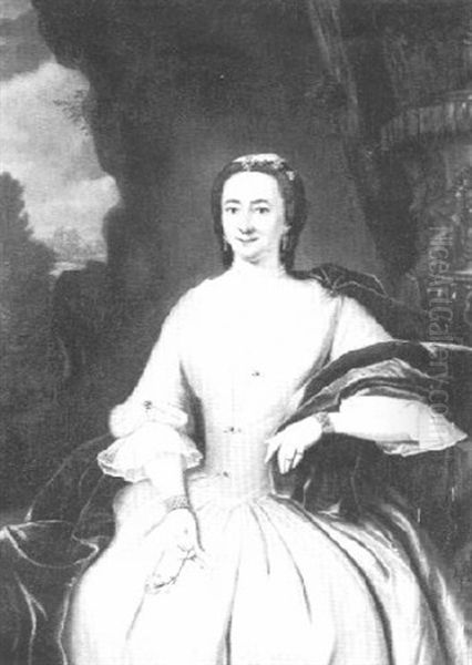 Portrait Of A Lady Three-quarter Length, Wearing A White Dress And Blue Stole by Tiebout Regters