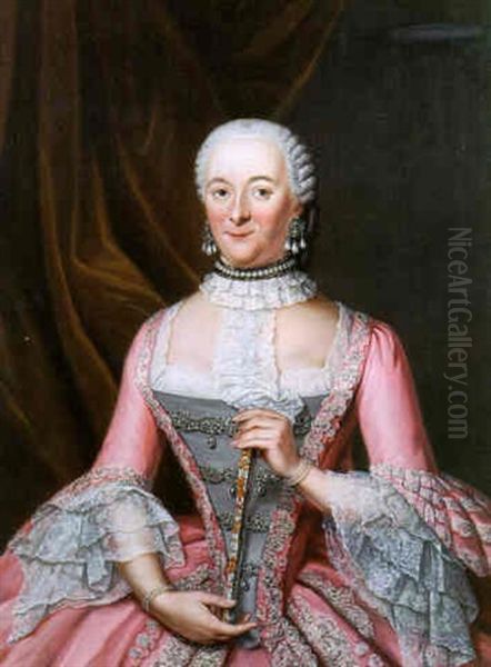 Portrait Of A Lady Wearing A Pink Dress, Holding A Fan Oil Painting by Tiebout Regters