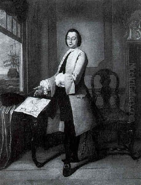 Portrait Of A Gentleman Standing In An Interior, With A Map Of The Americas Resting On A Table And A Ship Beyond Seen Through A Window Oil Painting by Tiebout Regters