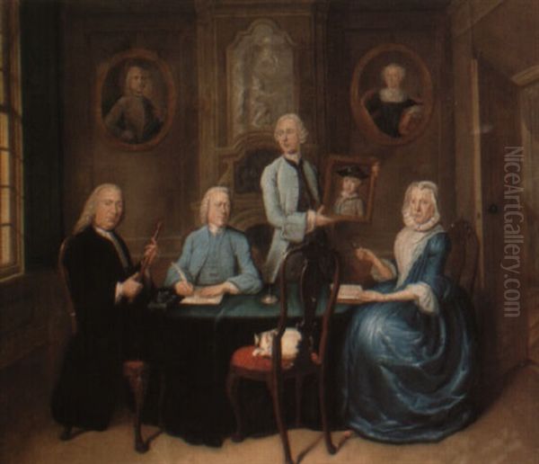 A Family Group Seated Around A Table Oil Painting by Tiebout Regters