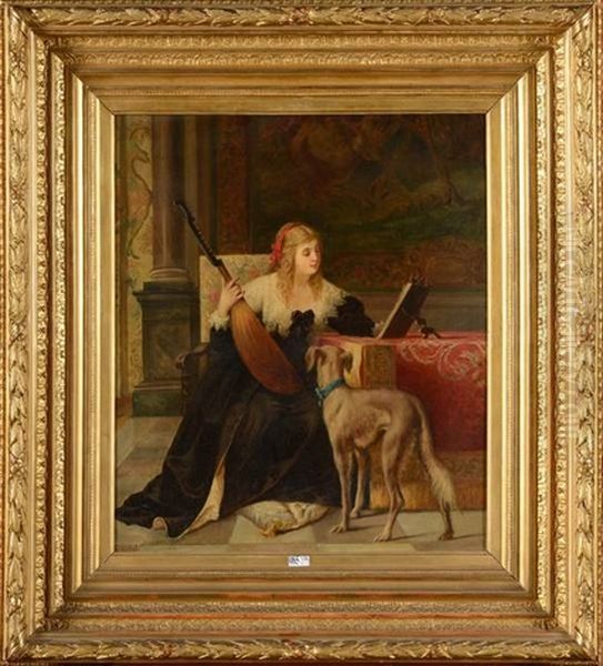 Jeune Fille A La Mandoline Et Son Chien Oil Painting by Theodore Reh