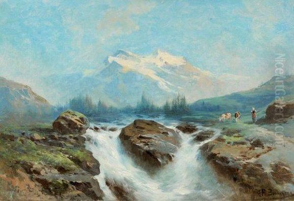 Torrent Dans Les Alpes Oil Painting by Alexandre-Francois Bonnardel