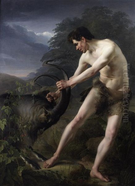 A Young Man Fighting A Goat Oil Painting by Friedrich Rehberg