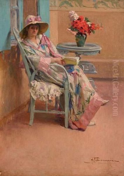  Elegante A Sa Lecture, Circa 1910  Oil Painting by Alexandre-Francois Bonnardel