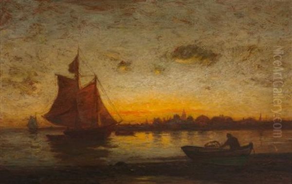 Ships In Evening Glow Oil Painting by Frank Knox Morton Rehn