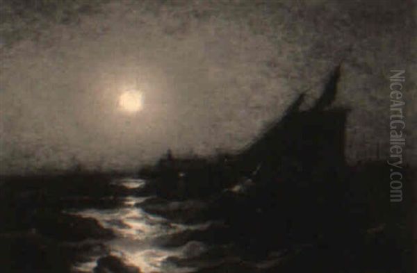 Moonlit Marine Scene With Sailing Vessel Oil Painting by Frank Knox Morton Rehn