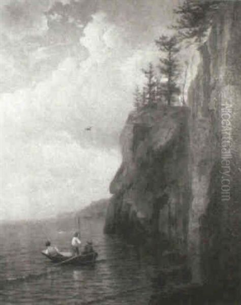 Three Boys In Small Boat Near A Cliff Shore Oil Painting by Frank Knox Morton Rehn