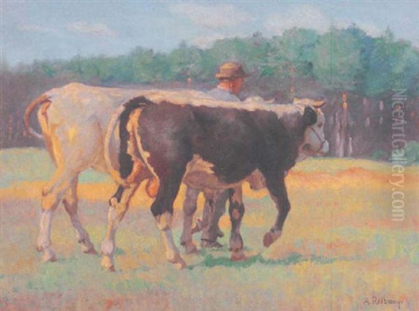 Bauer Fuhrt Kuh Und Stier Oil Painting by Albert Reibmayer