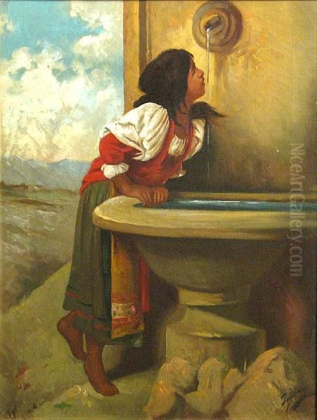 Roman Girl At A Fountain Oil Painting by Bonnat Leon