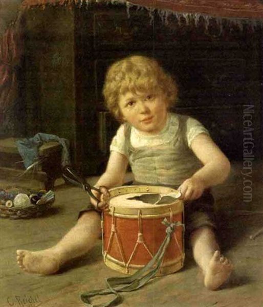 Young Boy With Drum Oil Painting by Carl Anton Reichel