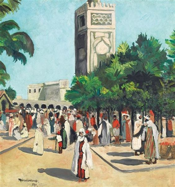 Foule Marocaine Devant Le Minaret Oil Painting by Eugen Reichenbach