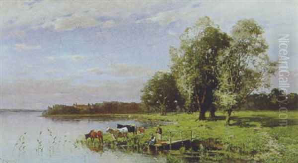 Kuhe Am Chiemseeufer Oil Painting by Eugen Reichenbach