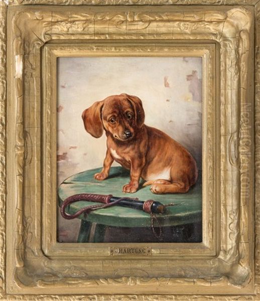 Dachshund Warily Eyeing A Whip Oil Painting by Carl Reichert