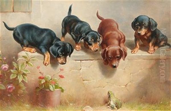 Curious Dachshund Puppies And A Frog Oil Painting by Carl Reichert