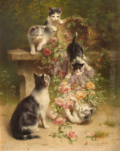 Funf Katzen Mit Rosenkorb Oil Painting by Carl Reichert