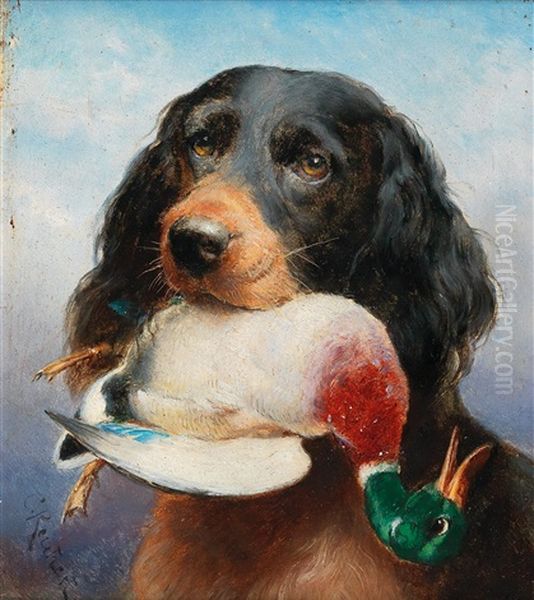 Gordon Setter With Mallard Duck Oil Painting by Carl Reichert