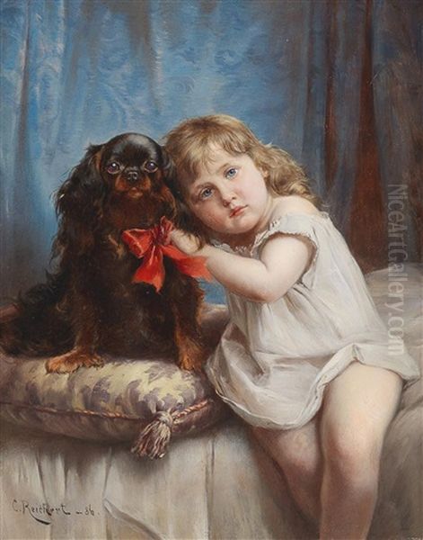 A Girl With A Cavalier King Charles Spaniel Oil Painting by Carl Reichert