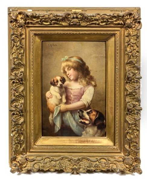 Portrait Of Young Girl With Dogs Oil Painting by Carl Reichert