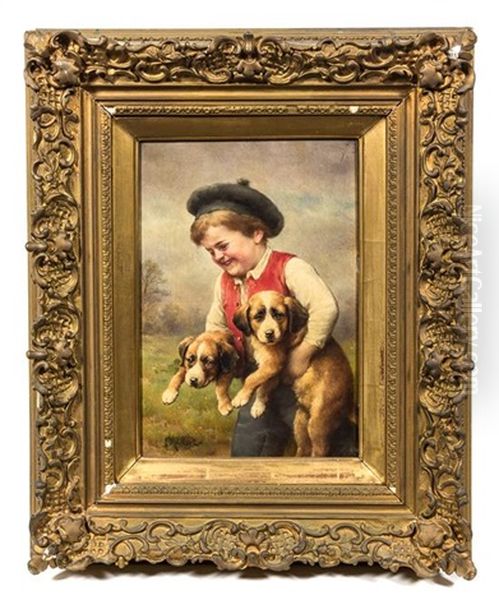 Portrait Of Boy With Dogs Oil Painting by Carl Reichert