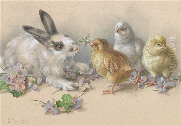 An Easter Picture: Rabbits And Chicks Oil Painting by Carl Reichert