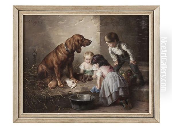 Children Playing With Dog And Puppies Oil Painting by Carl Reichert