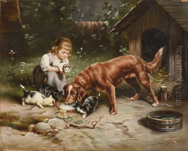 Fillette Donnant Du Lait A Un Chien Et Quatre Chatons Oil Painting by Carl Reichert