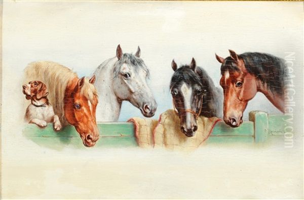 A Dog And Four Horses Oil Painting by Carl Reichert