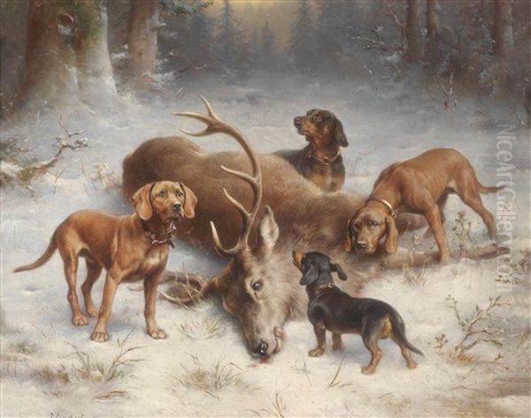 Bloodhounds Beside A Stag After The Hunt Oil Painting by Carl Reichert