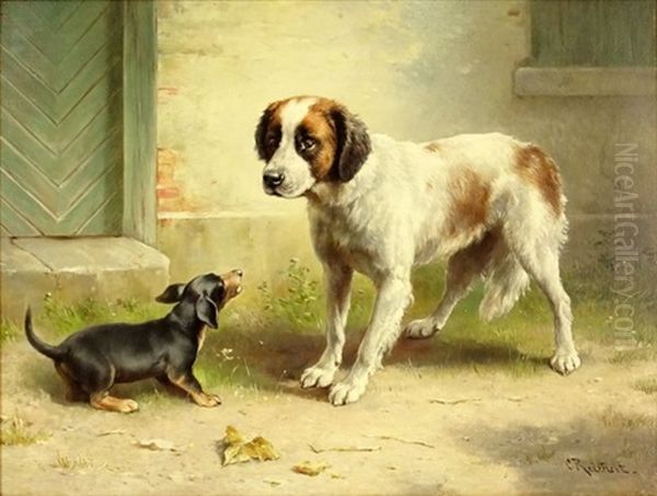 Spaniel And Dachschund Oil Painting by Carl Reichert