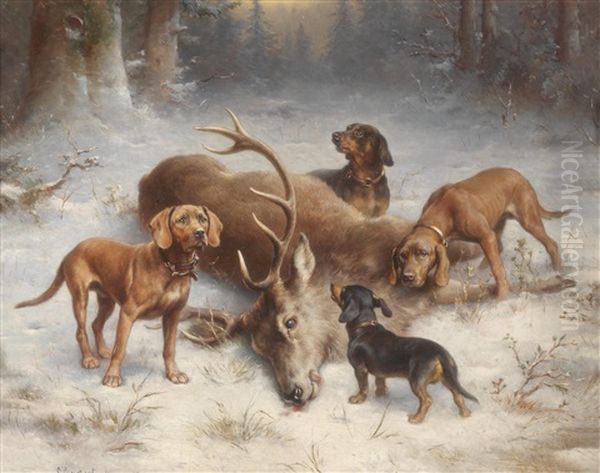 Schweishunde Bei Einem Erlegten Hirsch Oil Painting by Carl Reichert