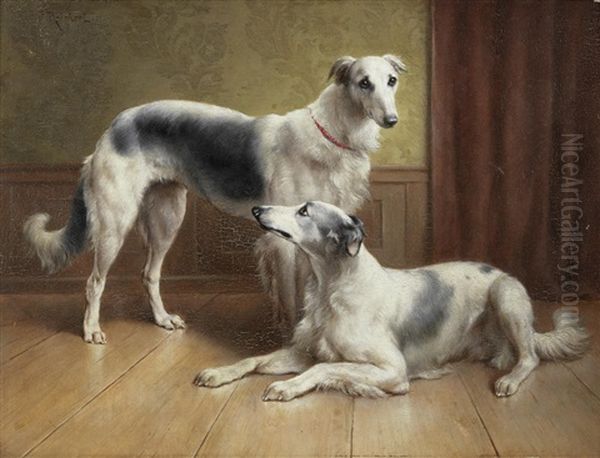 A Pair Of Borzois In An Interior Oil Painting by Carl Reichert